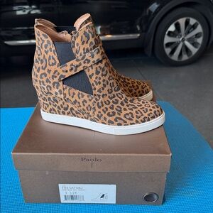 Paolo Leopard Print Wedge Sneaker Boot - Tan and Black size 8 1/2